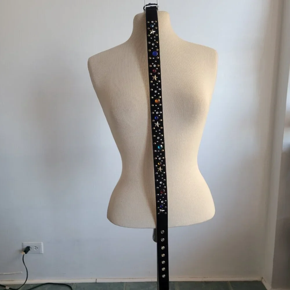 Rhinestone Star-Studded Black Velvet Metal Disco Glam Rocker Belt (Size: S/M)